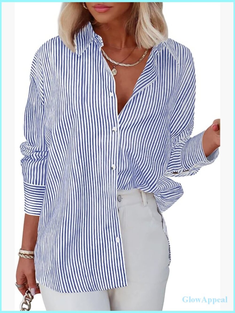 Striped Button Down Long Sleeve Blouse Collared Office Work Top